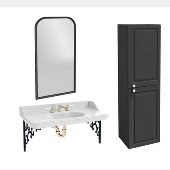 Pack plan vasque suspendu 3 trous Cléo 1889 + colonne droite + miroir + mélangeur poignée or + siphon or