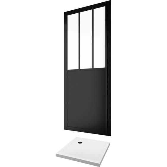 Pack Porte de Douche Atelier Pivotante Noire 90x200 cm et Receveur Blanc Effet Pierre 90x90x4 cm