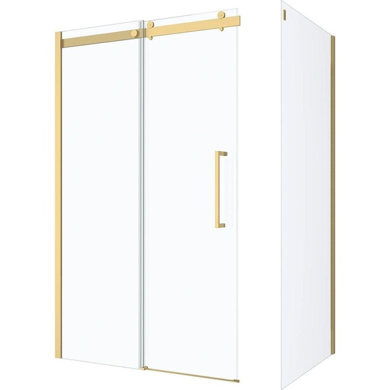 Pack Porte de Douche Coulissante 120x200cm et Retour 80cm - Or Doré Brossé et Verre trempé 6mm