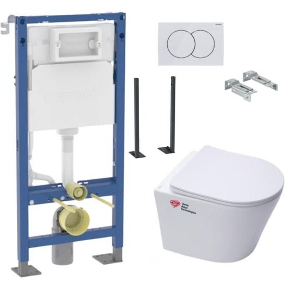 Pack WC autoportant bati-support Geberit + WC sans bride Swiss Aqua Technologies + abattant softclose + plaque (InfinitioGebX)