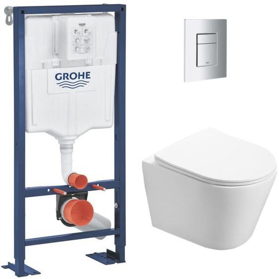 Pack wc Bati support autoportant + wc sat sans bride + Abattant Soft close + Plaque chrome (Autoportant-Infinitio-1) - Grohe
