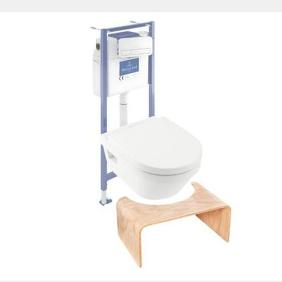 Pack WC sans bride  Architectura abattant + bâti-support sol et mur + plaque blanche  + Tabouret bois