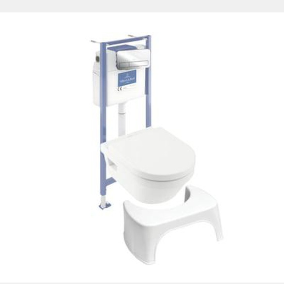 Pack WC sans bride  Architectura abattant + bâti-support sol et mur + plaque chromée brillant  + Tabouret blanc