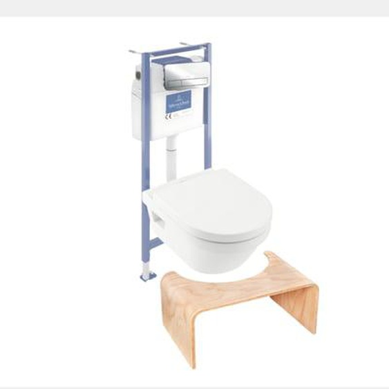 Pack WC sans bride  Architectura abattant + bâti-support sol et mur + plaque chromée brillant  + Tabouret bois