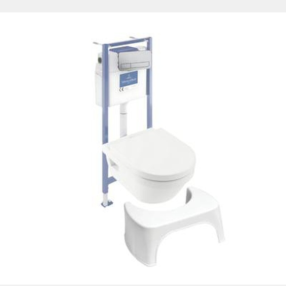 Pack WC sans bride  Architectura abattant + bâti-support sol et mur + plaque chromée mat  + Tabouret blanc