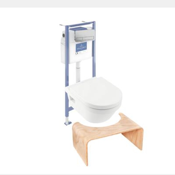 Pack WC sans bride  Architectura abattant + bâti-support sol et mur + plaque chromée mat  + Tabouret bois