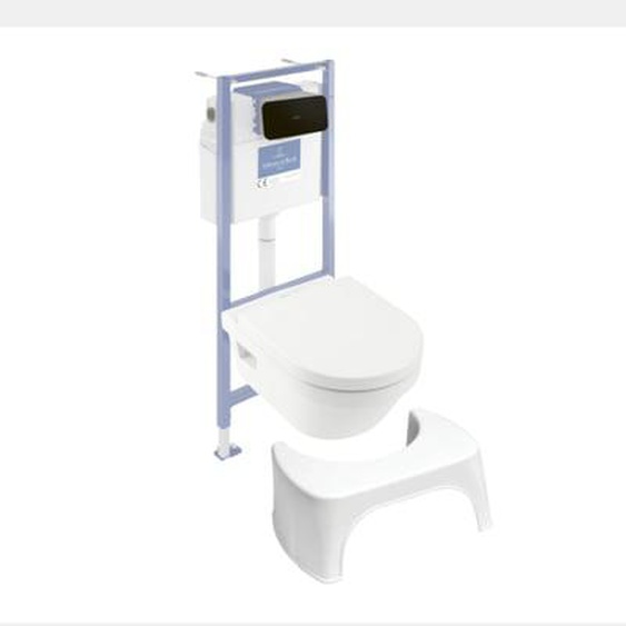 Pack WC sans bride  Architectura abattant + bâti-support sol et mur + plaque noir mat  + Tabouret blanc