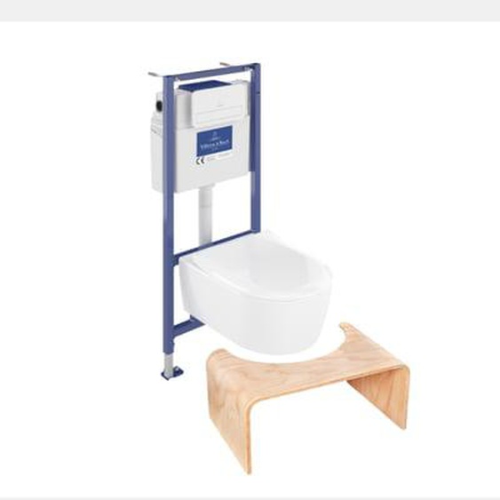 Pack WC sans bride  Avento + Bâti support + abattant frein de chute + plaque blanche  + Tabouret bois