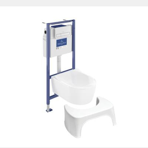 Pack WC sans bride  Avento + Bâti support + abattant frein de chute + plaque chromée mat  + Tabouret blanc