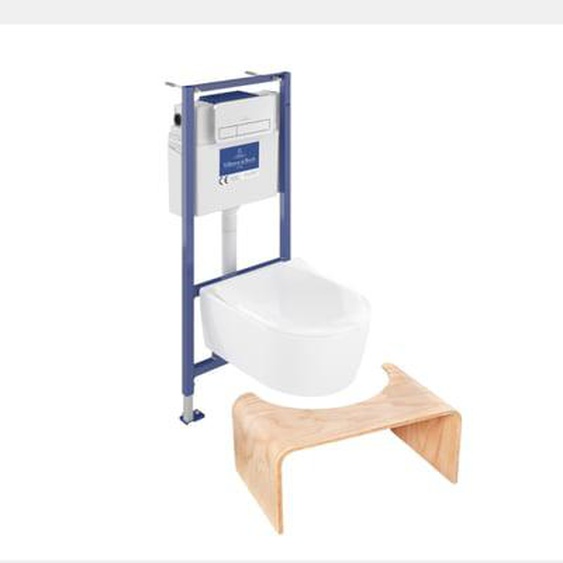 Pack WC sans bride  Avento + Bâti support + abattant frein de chute + plaque chromée mat  + Tabouret bois