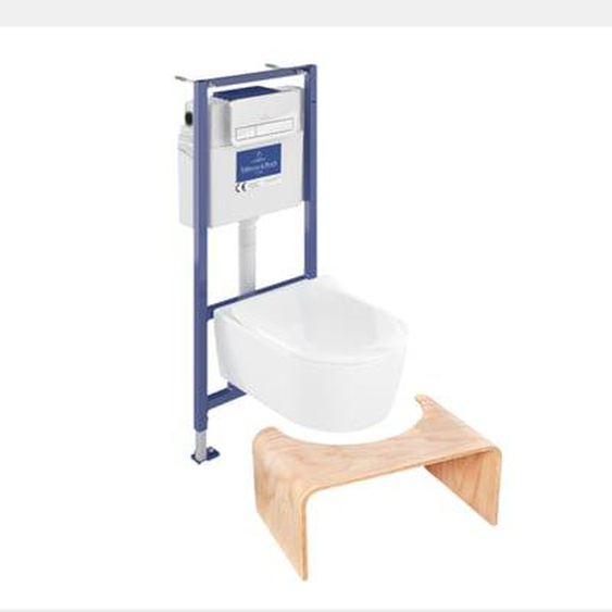 Pack WC sans bride  Avento + Bâti support + abattant frein de chute + plaque chromée  + Tabouret bois