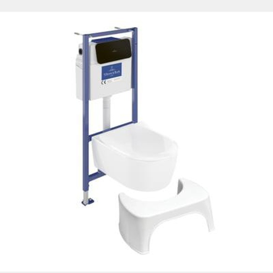 Pack WC sans bride  Avento + Bâti support + abattant frein de chute + plaque noir mat  + Tabouret blanc