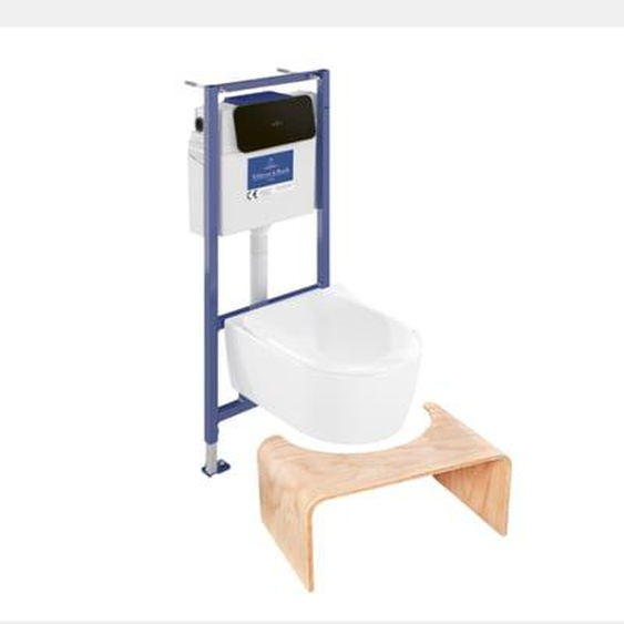 Pack WC sans bride  Avento + Bâti support + abattant frein de chute + plaque noir mat  + Tabouret bois