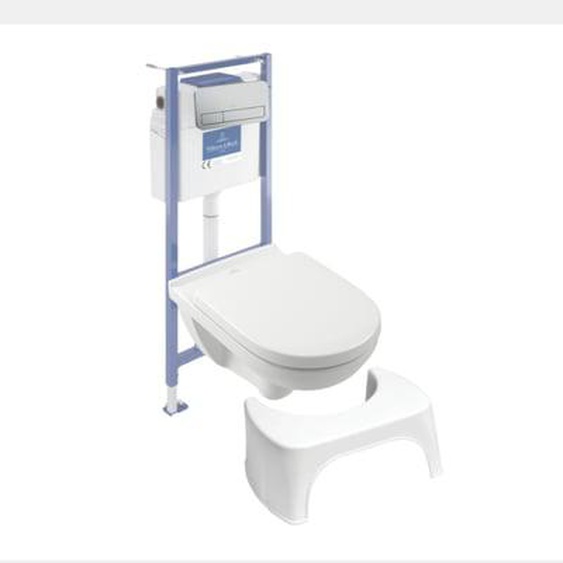 Pack WC sans bride  O novo abattant frein de chute + bâti-support sol et mur + plaque Chromé mat + Tabouret blanc