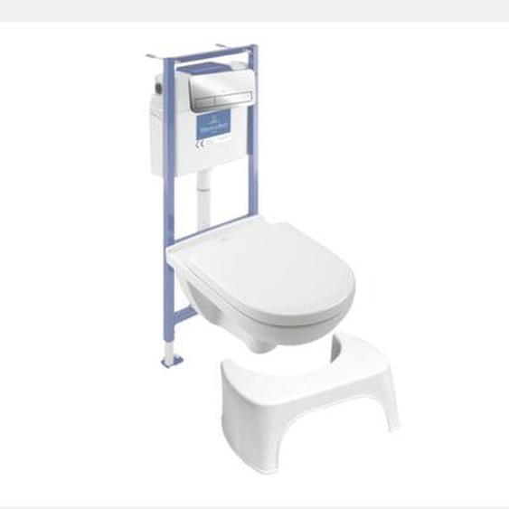 Pack WC sans bride  O novo abattant frein de chute + bâti-support sol et mur + plaque Chromé  + Tabouret blanc