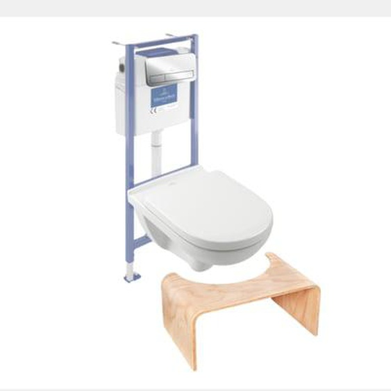 Pack WC sans bride  O novo abattant frein de chute + bâti-support sol et mur + plaque Chromé  + Tabouret bois