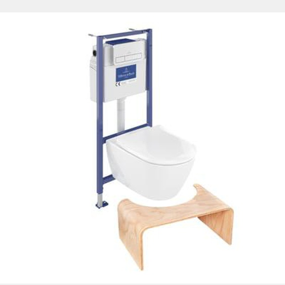 Pack WC sans bride  Subway 2.0 abattant frein de chute + bâti-support sol et mur+ plaque Chromé mat +Tabouret bois
