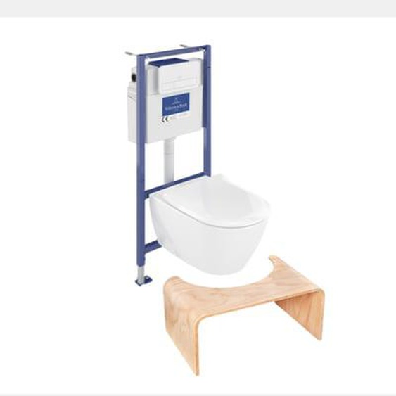 Pack WC sans bride  Subway 2.0 abattant frein de chute + bâti-support sol et mur + plaque Chromé + Tabouret bois