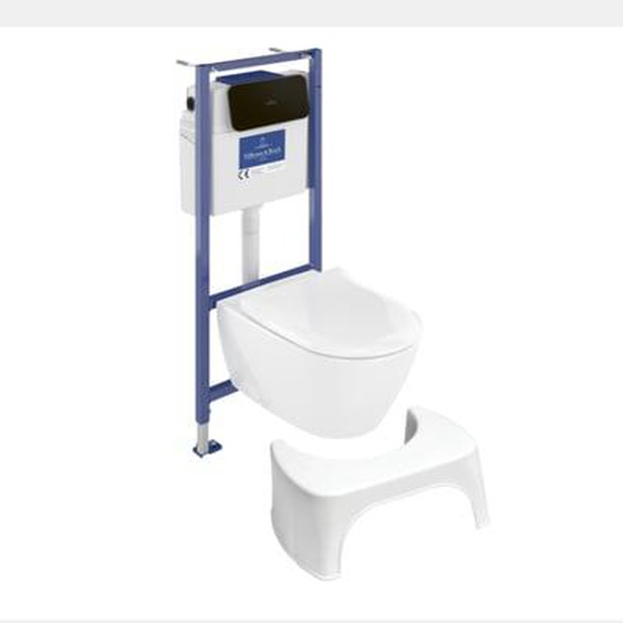 Pack WC sans bride  Subway 2.0 abattant frein de chute + bâti-support sol et mur+ plaque noir mat + Tabouret blanc