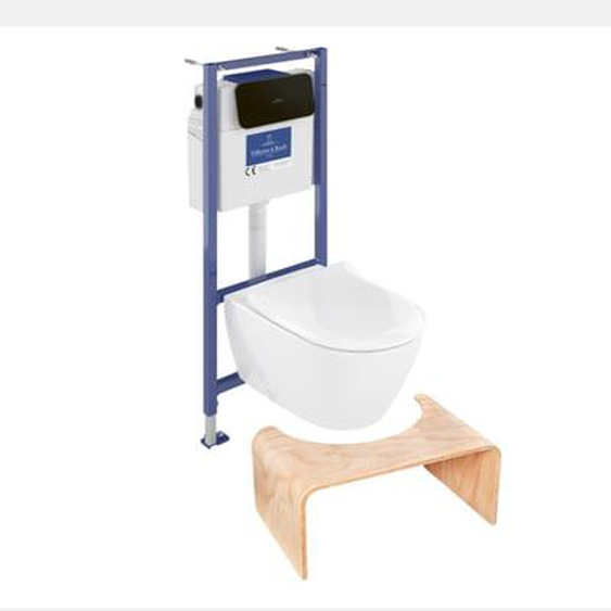 Pack WC sans bride  Subway 2.0 abattant frein de chute + bâti-support sol et mur+ plaque noir mat +Tabouret bois