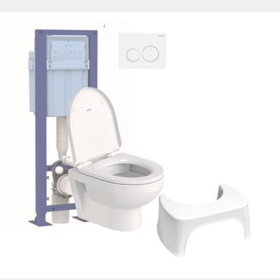 Pack WC suspendu compact sans bride Duravit No.1 abattant frein de chute + bati support SIAMP + Plaque blanche + tabouret