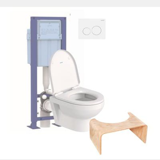 Pack WC suspendu compact sans bride Duravit No.1 abattant + bati support SIAMP + Plaque blanche + tabouret bois