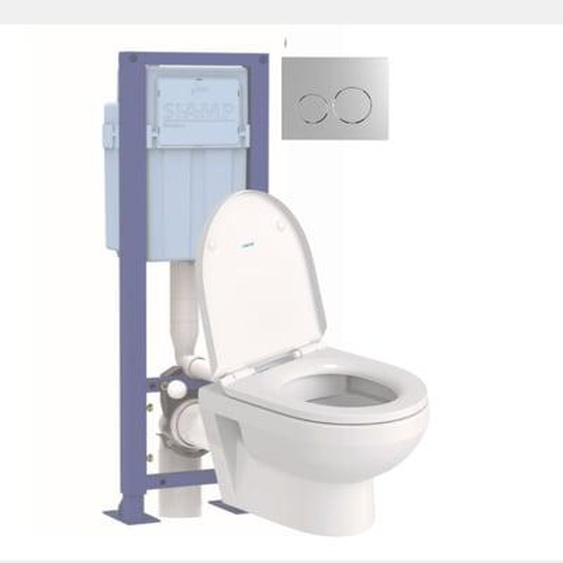 Pack WC suspendu compact sans bride Duravit No.1 abattant frein de chute + bati support SIAMP + Plaque de commande chromée