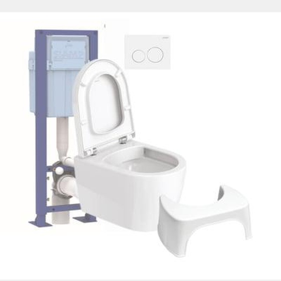 Pack WC suspendu compact sans bride Me by Starck abattant frein de chute + bati support SIAMP + Plaque blanche + tabouret