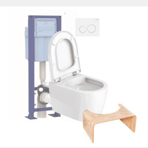 Pack WC suspendu compact sans bride Me by Starck abattant + bati support SIAMP + Plaque blanche + tabouret bois