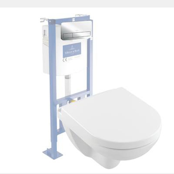 Pack WC suspendu compact sans bride  O.novo + abattant + plaque chromée + bâti