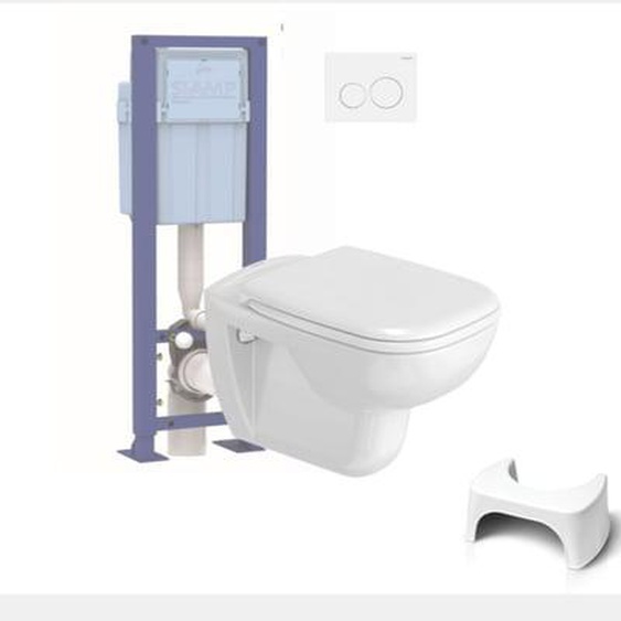 Pack WC suspendu D-code + bati support SIAMP + plaque + tabouret physiologique blanc