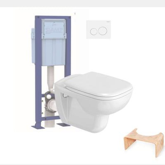 Pack WC suspendu D-code + bati support SIAMP + plaque + tabouret physiologique bois