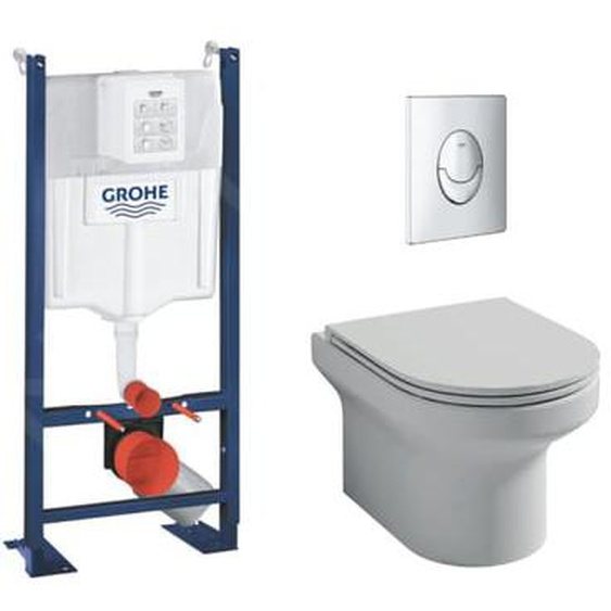 Pack WC suspendu sans bride  + Bâti support wc Grohe + plaque commande chromé rond Quickfix