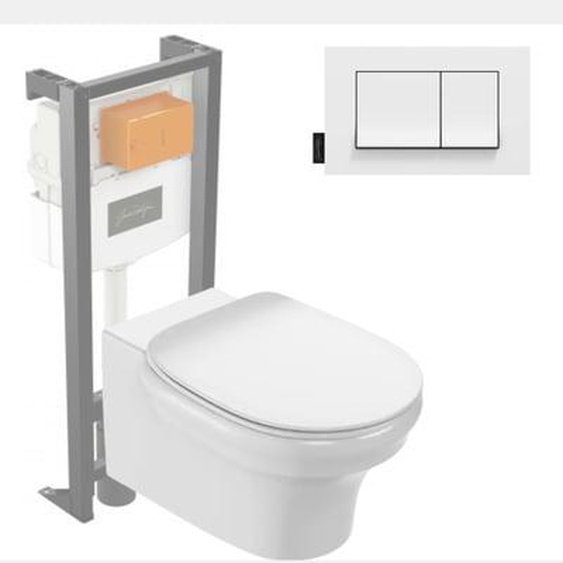 Pack WC suspendu sans bride Cléo 1889 +  abattant + bâti-support + plaque rectangle blanche