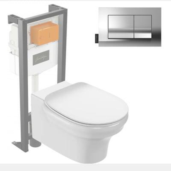 Pack WC suspendu sans bride Cléo 1889 +  abattant + bâti-support + plaque rectangle chromé