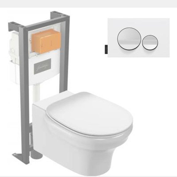 Pack WC suspendu sans bride Cléo 1889 +  abattant + bâti-support + plaque ronde blanche