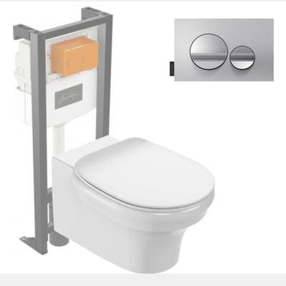 Pack WC suspendu sans bride Cléo 1889 +  abattant + bâti-support + plaque ronde chromé