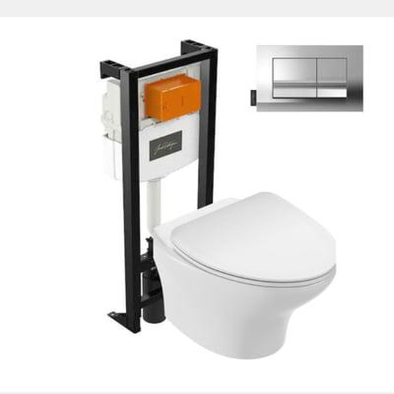 Pack WC suspendu sans bride compact Nouvelle vague+ bâti-support + plaque Chrome