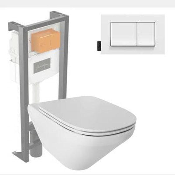 Pack WC suspendu sans bride Modern Life + abattant + bâti-support + plaque rectangle blanche