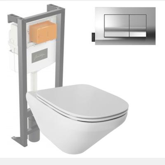Pack WC suspendu sans bride Modern Life + abattant + bâti-support + plaque rectangle chromé