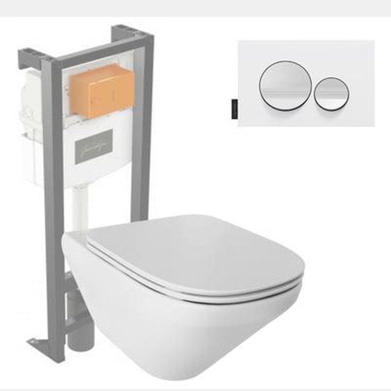 Pack WC suspendu sans bride Modern Life + abattant + bâti-support + plaque ronde blanche