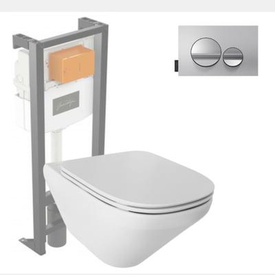 Pack WC suspendu sans bride Modern Life + abattant + bâti-support + plaque ronde chromé
