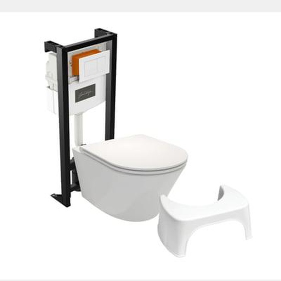 Pack WC suspendu sans bride Rodin+ avec abattant + bâti support + plaque blanche + tabouret blanc