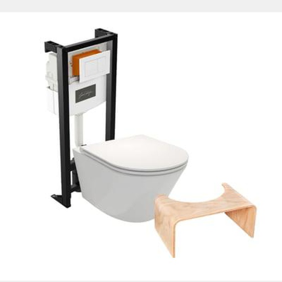 Pack WC suspendu sans bride Rodin+ avec abattant + bâti support + plaque blanche + tabouret bois