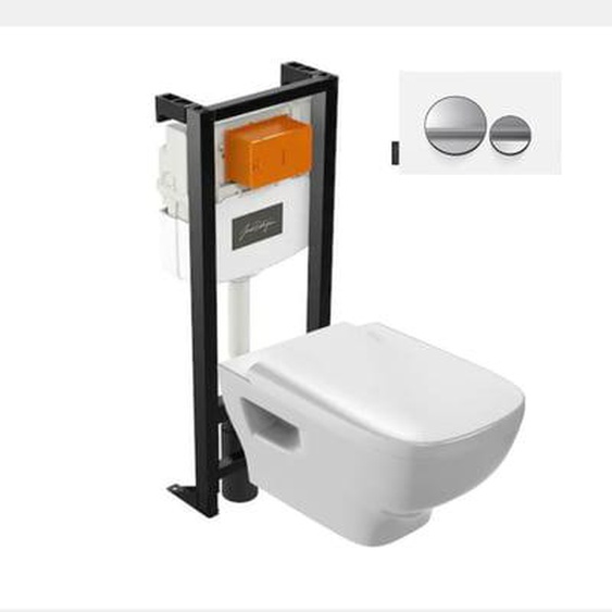 Pack WC suspendu sans bride Struktura avec abattant + bâti support + plaque chrome brillant/blanc mat