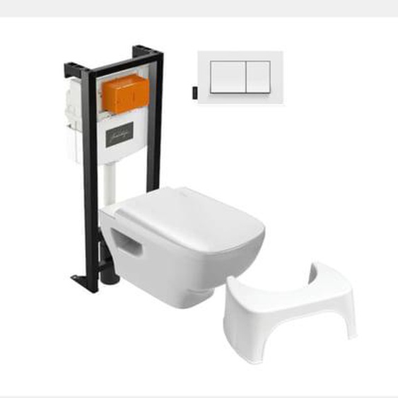 Pack WC suspendu sans bride Struktura+ bâti-support + plaque blanc + tabouret blanc