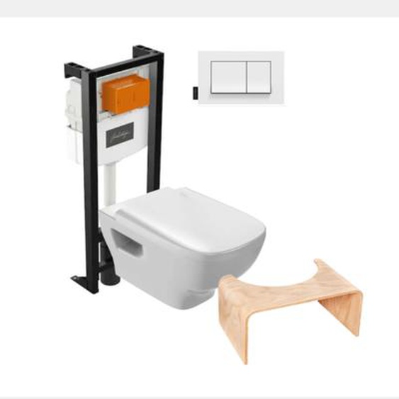 Pack WC suspendu sans bride Struktura+ bâti-support + plaque blanc + tabouret bois
