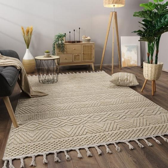 Paco Home Tapis Salon Chambre Adulte Poils Ras Motif Boho Motif Scandinave Franges 160x220 cm, Crème