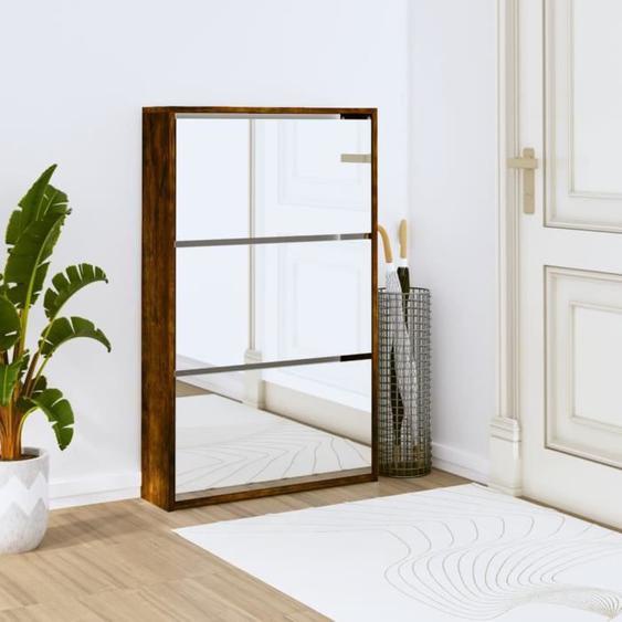 PAL-Armoire à chaussures miroir 3 niveaux Chêne fumé 63x17x102,5 cm-PAL342638