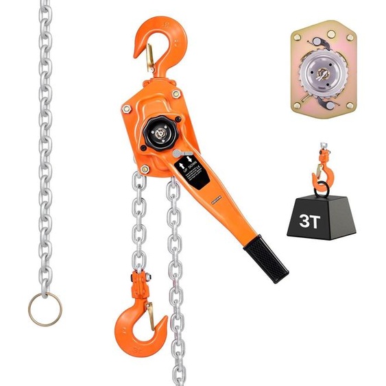 Palan à levier - Palan à cliquet/palan à chaîne manuel - Capacité de charge 3 t - Hauteur de levage 6 m - Chaîne en acier allié G80 - Double frein à cliquet - Crochets de sécurité pivotants à 360°